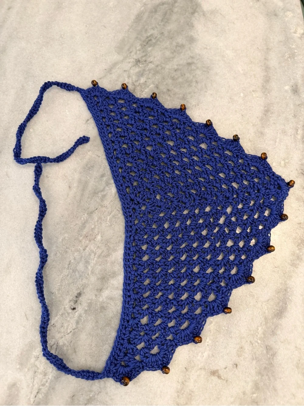 Handmade Crochet Wood Beaded Kerchief Head Scarf Cotton Boho Bandana Cottagecore